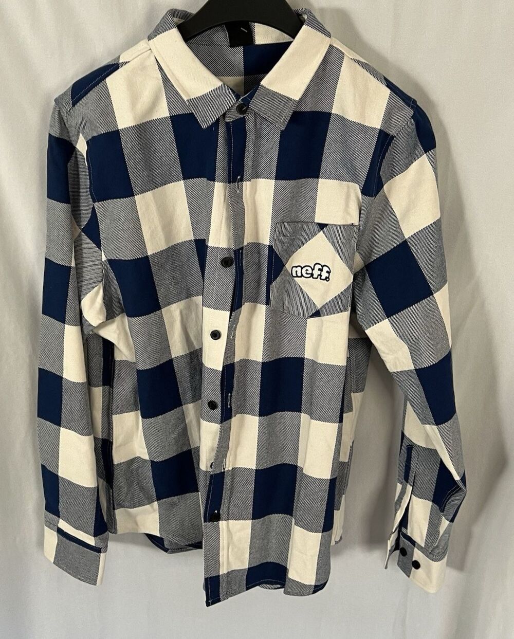 NWT Neff Porter blue & white Flannel Plaid Long Sleeve Shirt, Medium